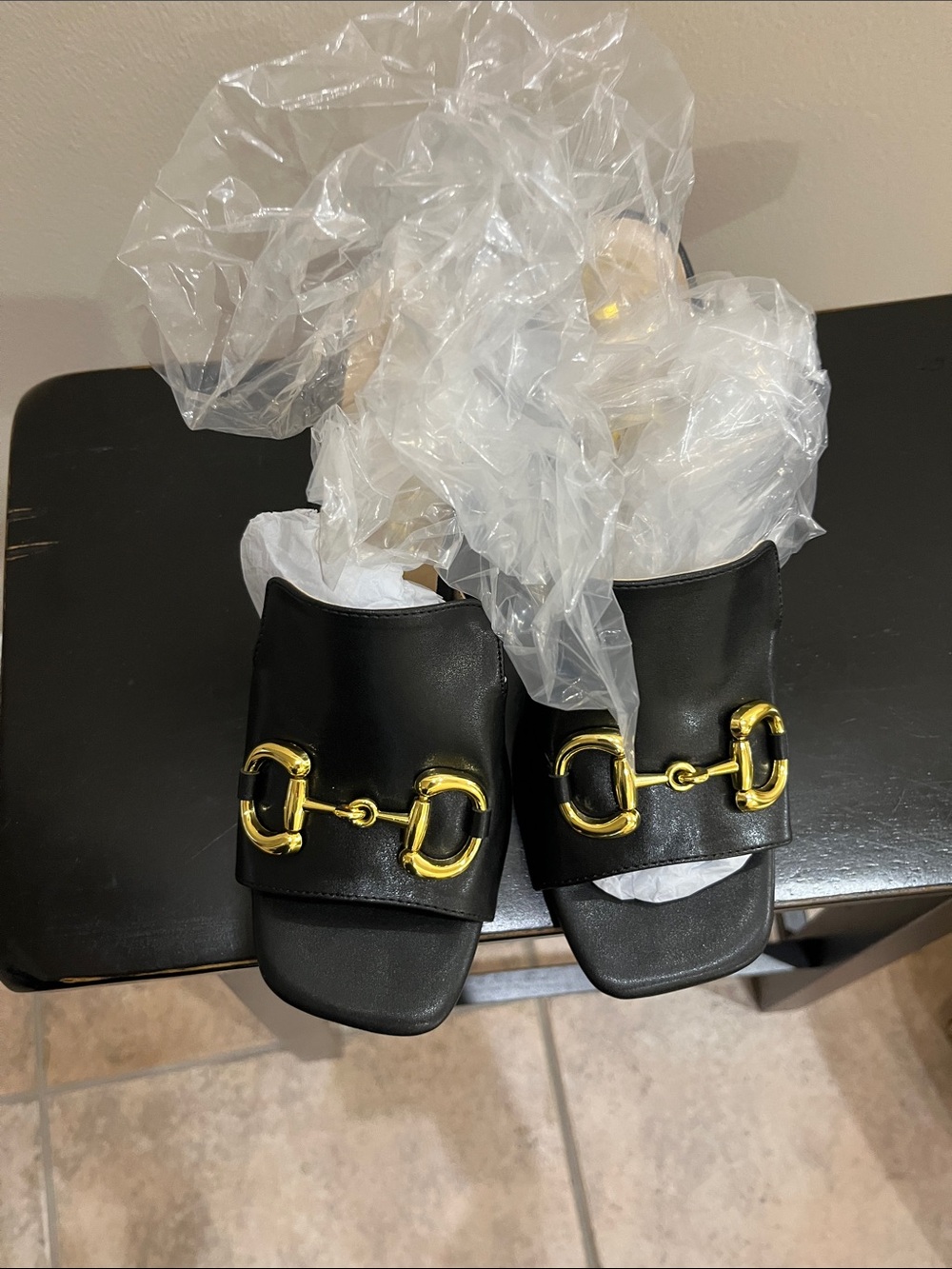 NWT Black Open-Toe Mule with Gold Horsebit Hardware - Picture 10 of 11